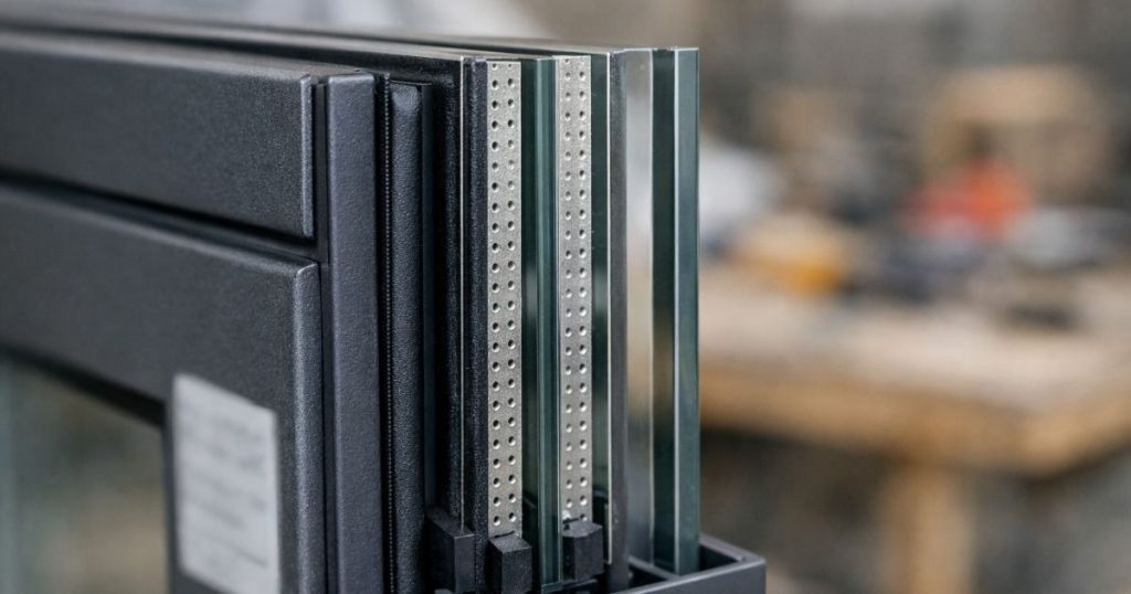 Chant d’un triple vitrage sur un vantail de baie aluminium avant pose par Kalio Menuiserie