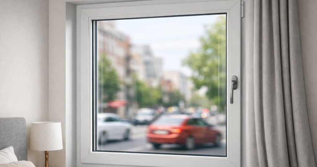 Fenêtre à vitrage phonique posée par Kalio Menuiserie dans une chambre donnant sur rue