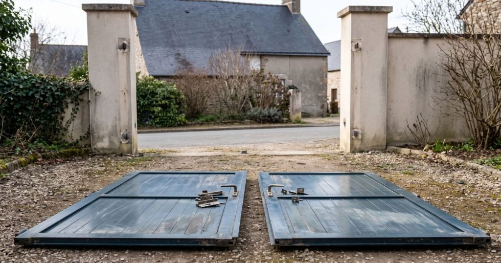 Ancien portail aluminium déposé et posé à plat avant évacuation