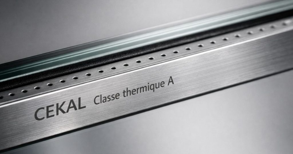 Gros plan sur l’intercalaire d’un double vitrage montrant le logo Cekal et la classe thermique gravée