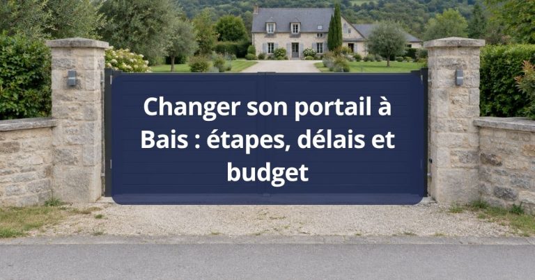 Ancien portail au laquage écaillé et au vantail affaissé, avant remplacement, à Bais