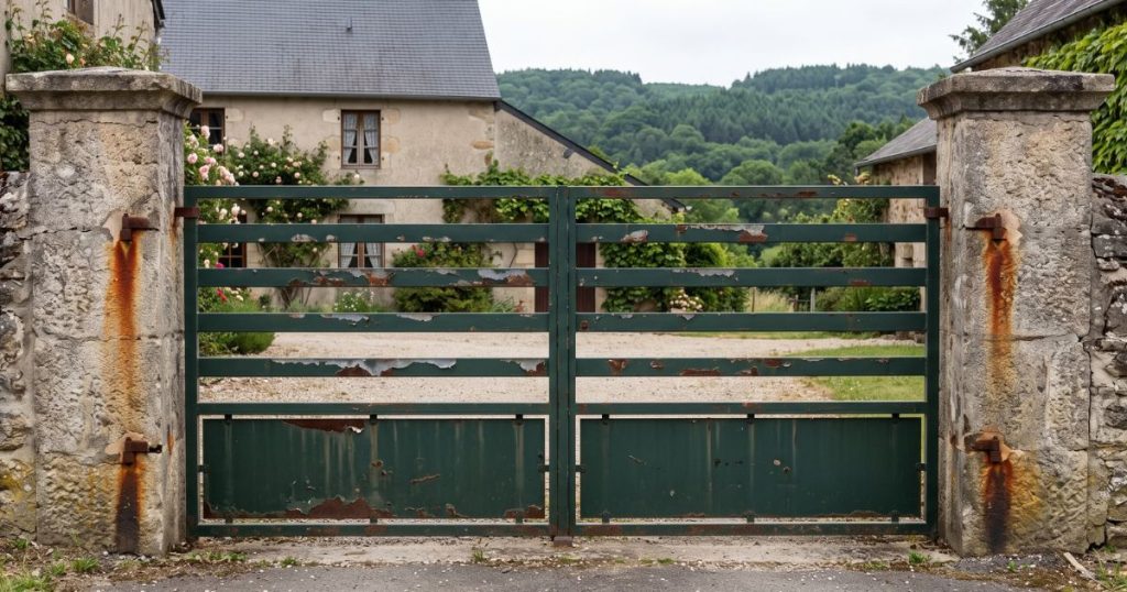 Ancien portail à déposer entre piliers de pierre à Bais