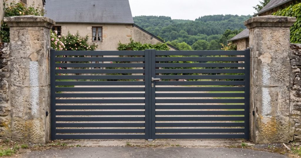 Portail aluminium neuf sur une entrée exposée à Bais, relief des Coëvrons en arrière-plan