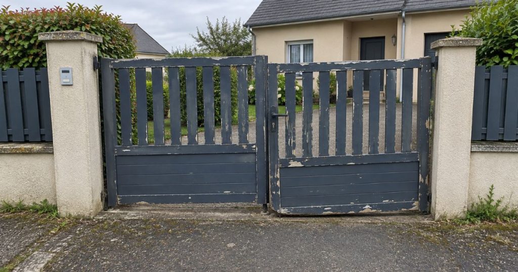 Ancien portail à changer à Bonchamp-lès-Laval, laquage écaillé et vantail affaissé, constat Kalio Menuiserie