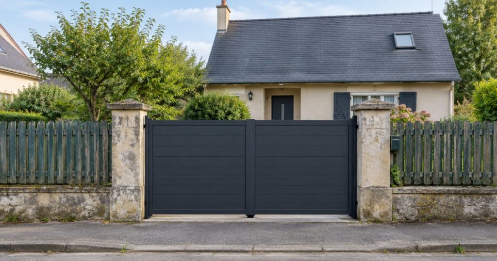 Portail aluminium neuf posé sur les piliers existants à Bonchamp-lès-Laval, pose Kalio Menuiserie