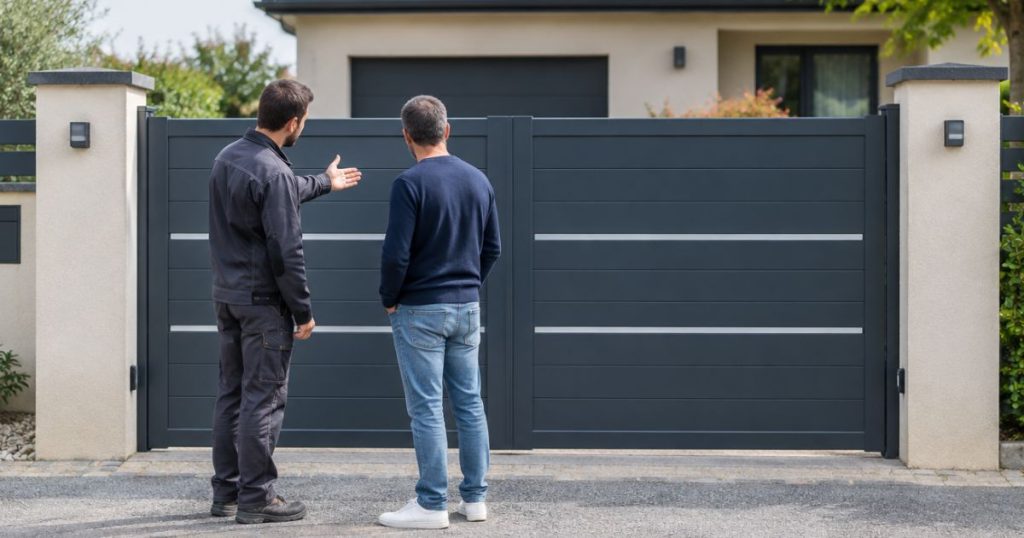 Portail aluminium posé par Kalio Menuiserie à Changé, vue d’ensemble depuis la rue