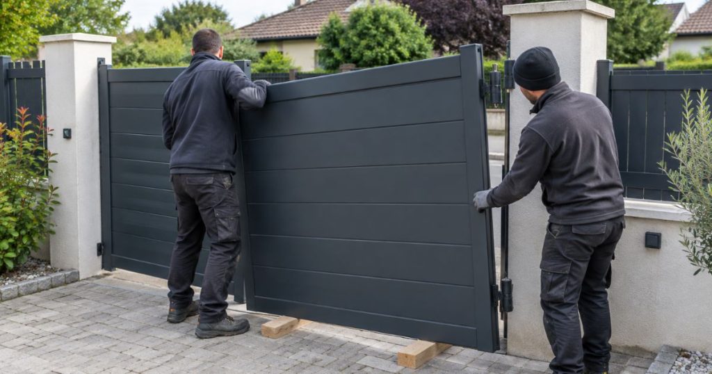 Dépose d’un vantail lors d’un changement de portail à Changé, sangles et cales, poseurs Kalio Menuiserie