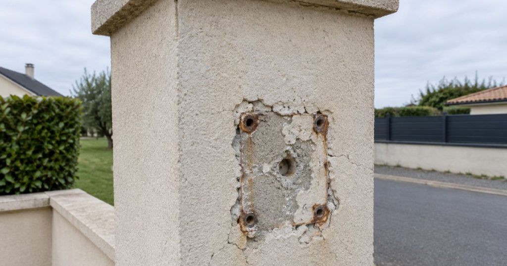 Pilier mis à nu lors d’un changement de portail à Changé, ancien scellement visible, constat Kalio Menuiserie