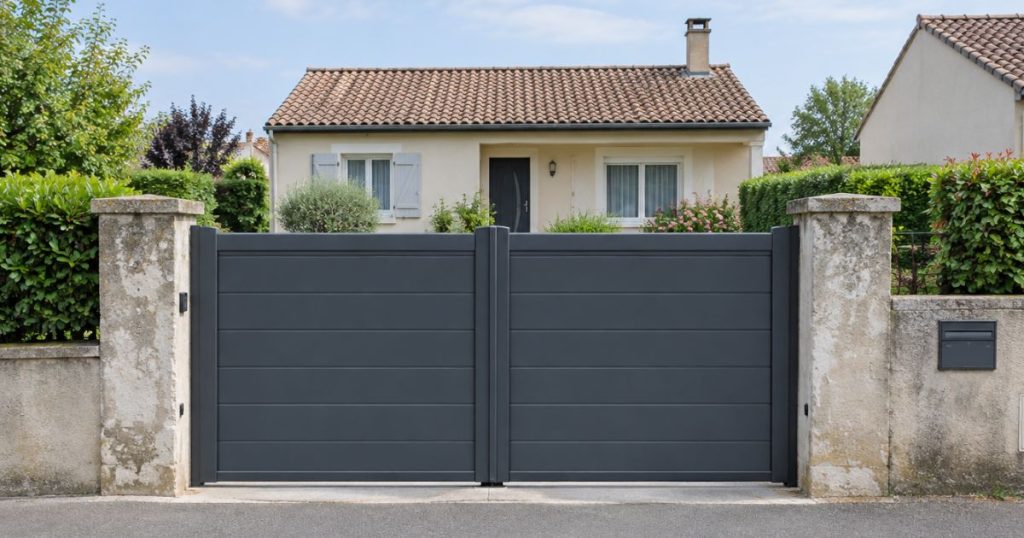 Portail aluminium neuf posé sur les piliers existants à Changé, remplacement Kalio Menuiserie