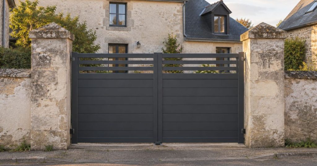 Portail aluminium neuf posé sur les piliers d’origine à Châteaugiron
