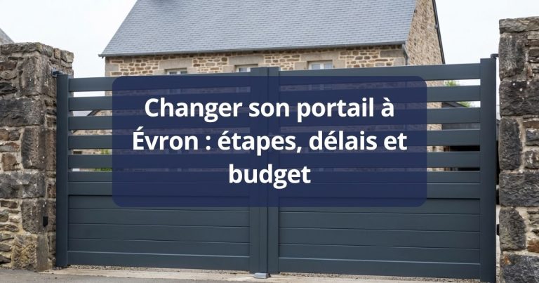 Portail aluminium neuf posé en remplacement à Évron, entre deux piliers de pierre du pays