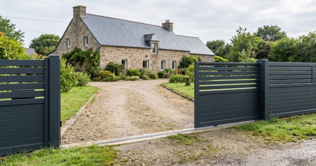 Portail coulissant aluminium ouvert sur une entrée de bocage à Évron