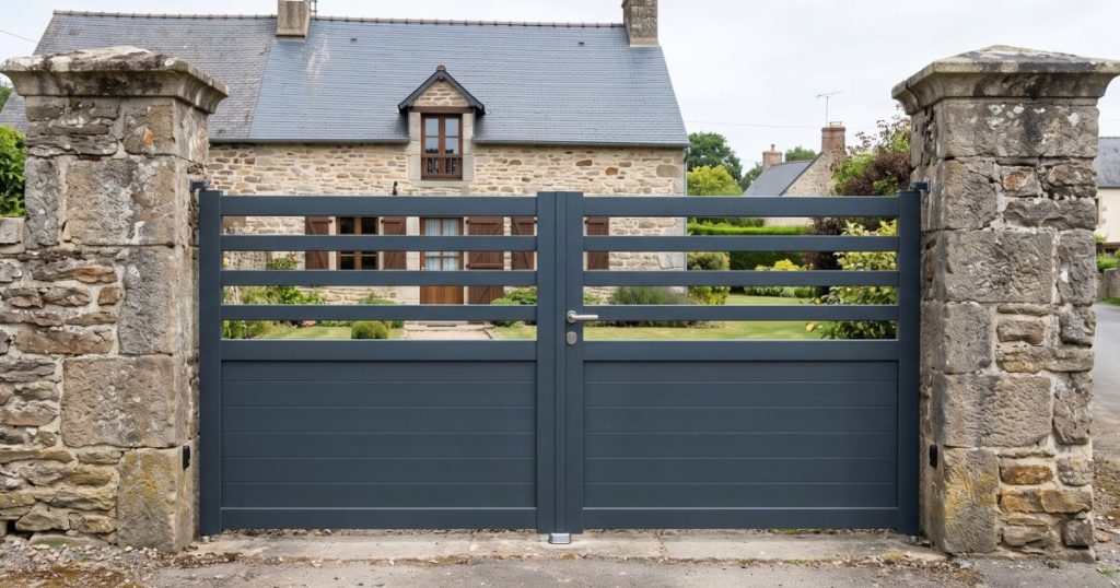 Portail aluminium neuf posé en remplacement à Évron, entre deux piliers de pierre du pays