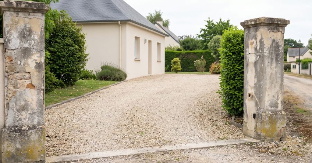 Entrée de maison ancienne à Évron, ancien portail déposé et piliers de pierre nus