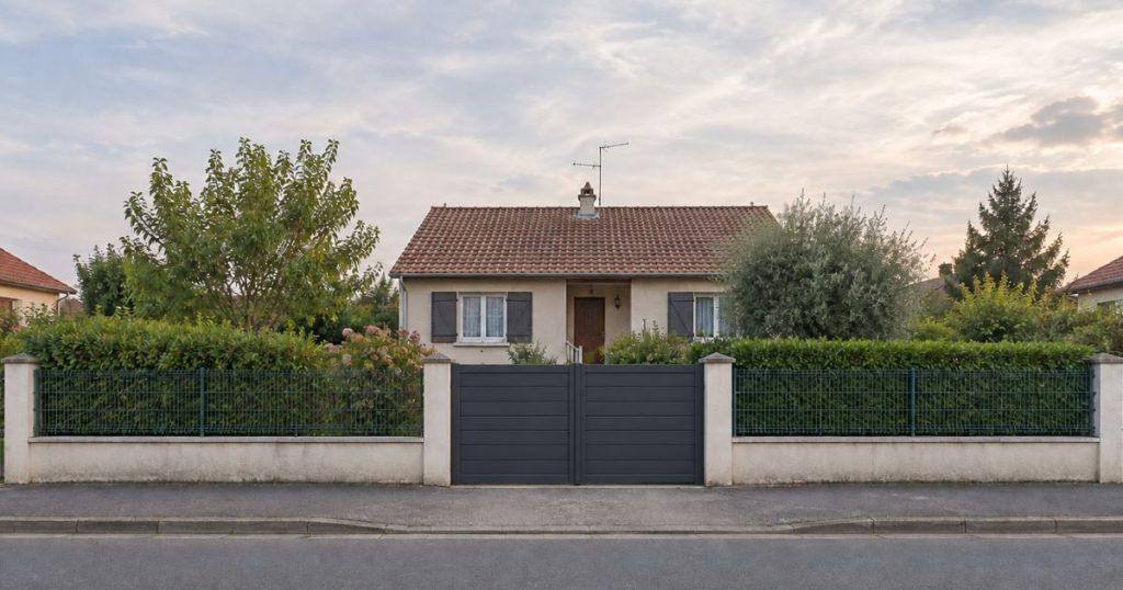 Portail aluminium neuf posé dans l’empreinte de l’ancien à Forcé, vue de face, par Kalio Menuiserie