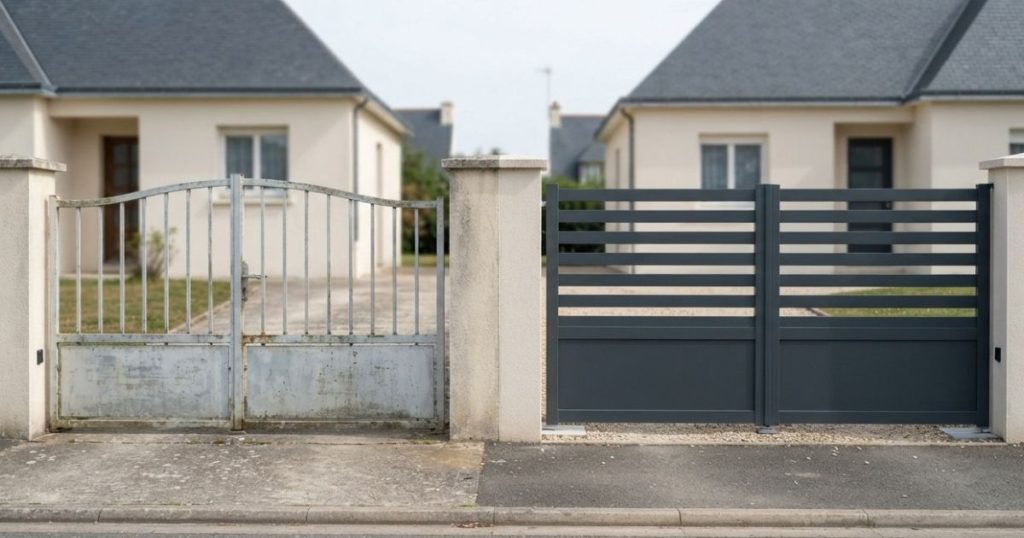Portail aluminium remplacé sur une entrée de quartier résidentiel à Fougères