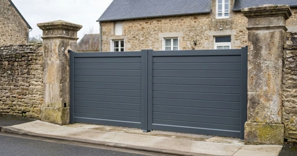 Portail aluminium neuf posé en remplacement sur une entrée de La Flèche, vu de face depuis la rue