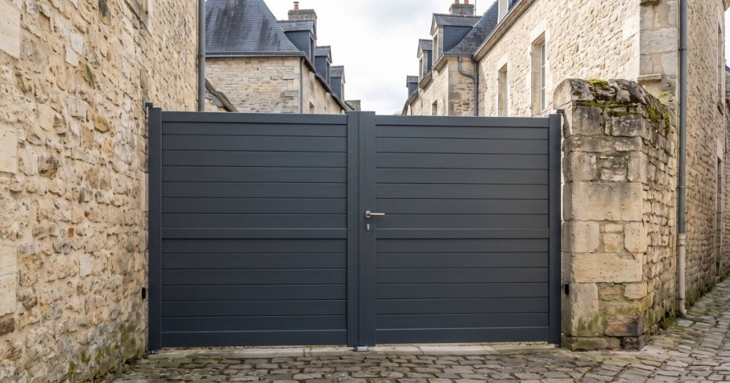 Entrée de maison de ville à Laval en pierre de tuffeau, portail aluminium à teinte sombre