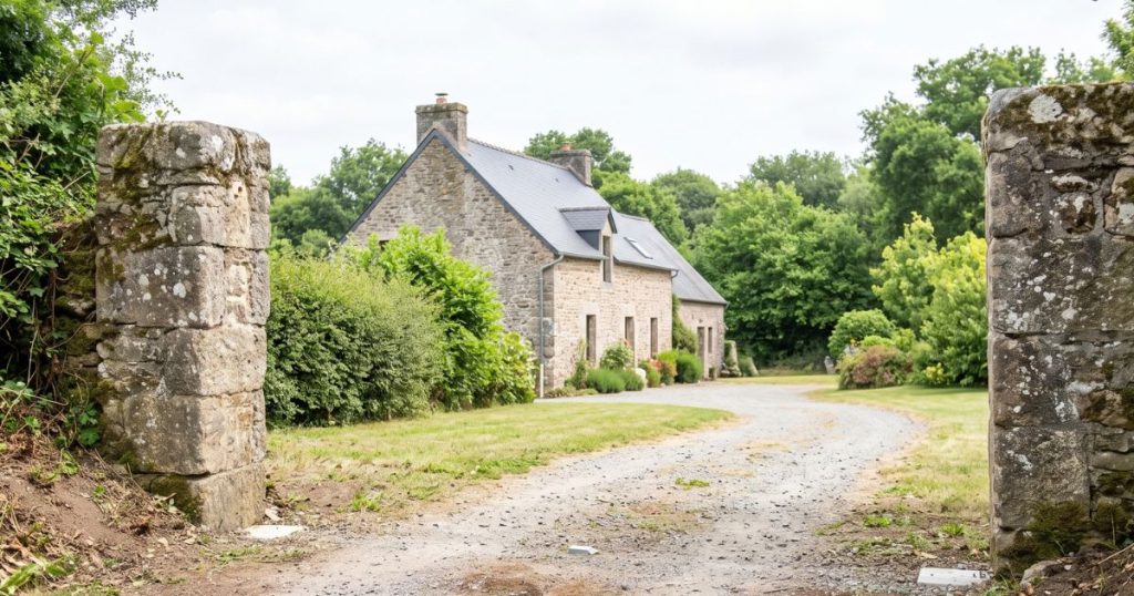 Ancien portail déposé à Laval, piliers nus et anciens scellements apparents