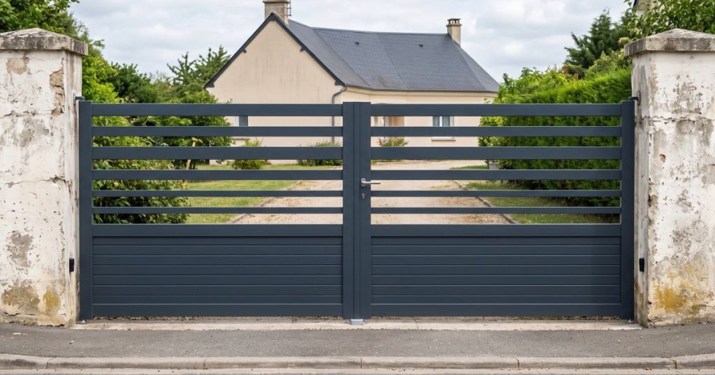 Portail aluminium neuf posé en remplacement à Laval, vu de face depuis la rue