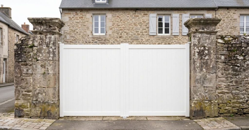 Portail aluminium neuf posé sur les piliers conservés d’une entrée du Mans