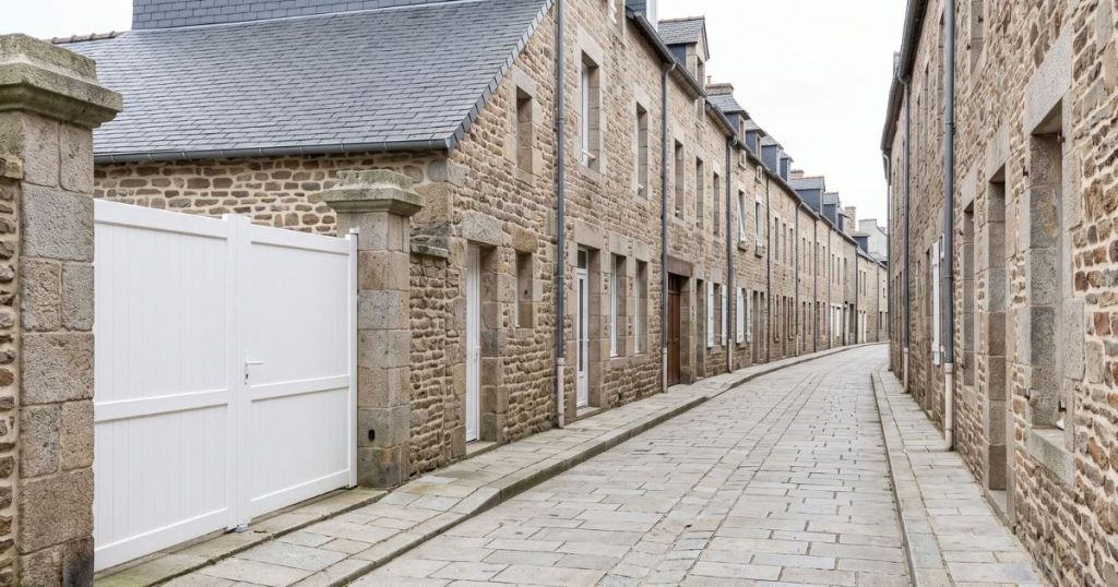 Rue étroite du Mans bordée d’entrées, le trottoir devant un portail fermé