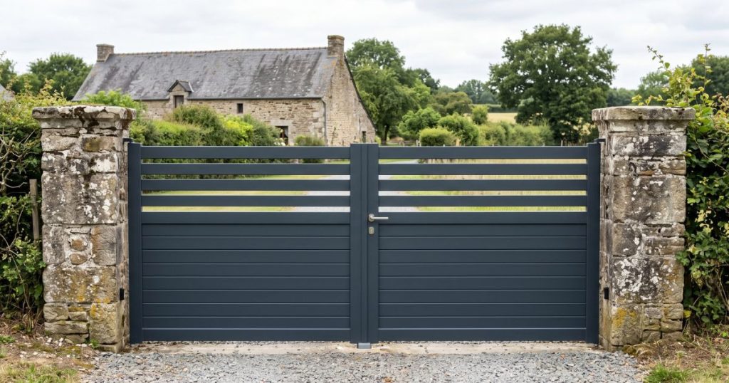 Portail aluminium neuf en remplacement sur une entrée mayennaise, piliers de pierre anciens