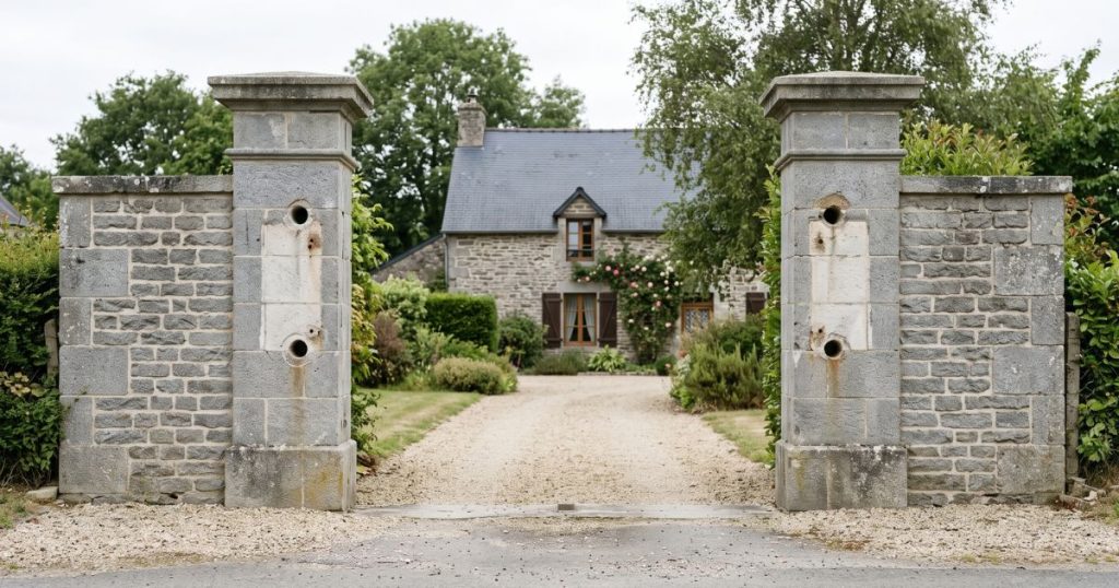 Ancien portail déposé sur une entrée mayennaise, pilier de granit et scellements apparents