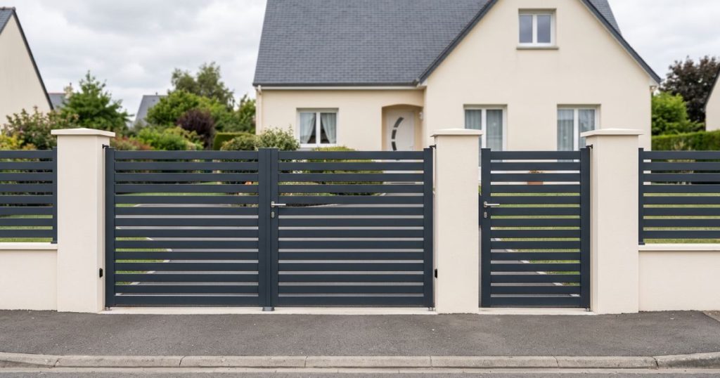 Portail aluminium et portillon assortis en remplacement sur une entrée de pavillon en Mayenne