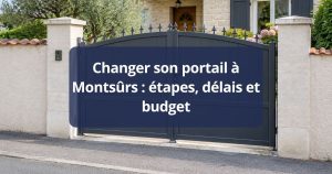 Ancien portail au laquage écaillé et au vantail affaissé, avant remplacement, à Montsûrs