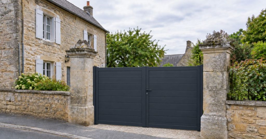 Portail aluminium neuf posé sur les piliers existants à Montsûrs, vue de face, par Kalio Menuiserie
