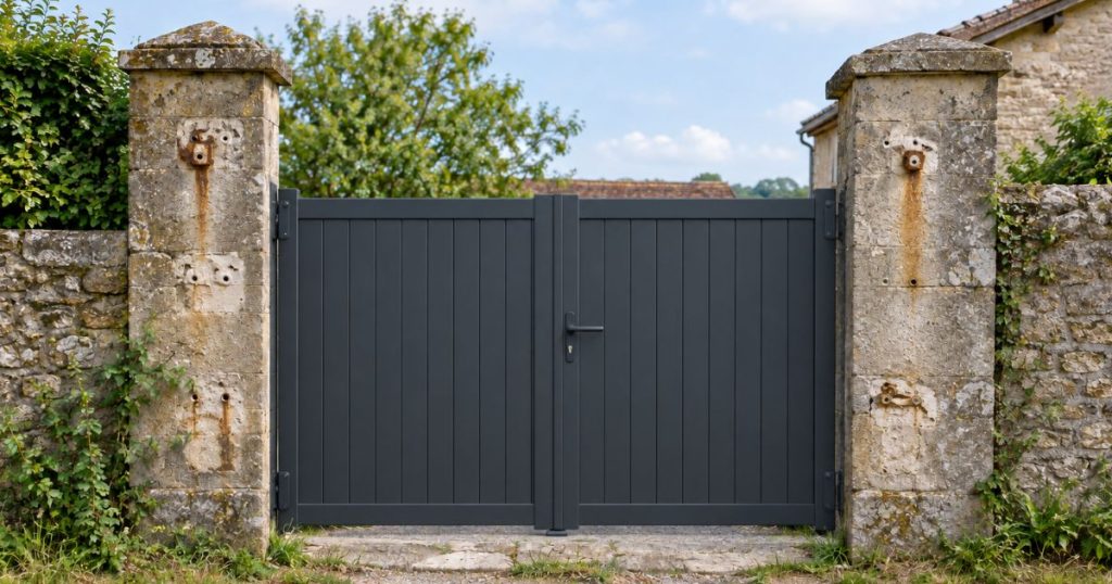 Portail aluminium neuf posé sur les piliers existants à Quelaines-Saint-Gault, par Kalio Menuiserie
