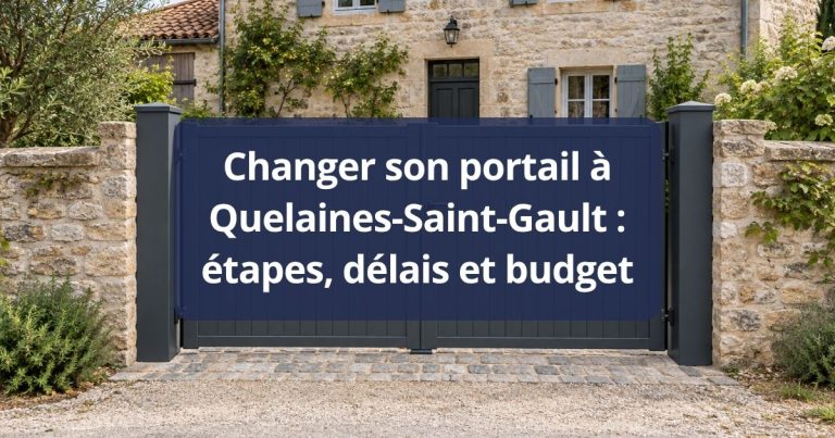 Ancien portail au laquage écaillé et au vantail affaissé, avant remplacement, à Quelaines-Saint-Gault