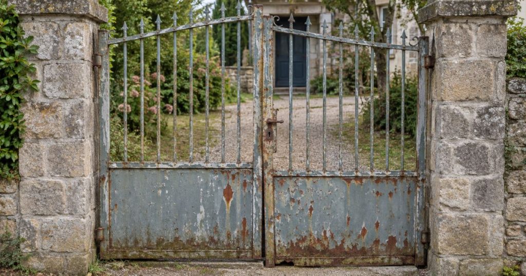 Ancien portail en fin de vie à remplacer à Quelaines-Saint-Gault, vue depuis la rue, par Kalio Menuiserie