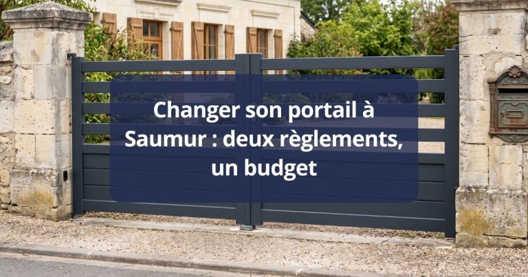 Portail aluminium neuf entre deux piliers de tuffeau anciens conservés, à Saumur