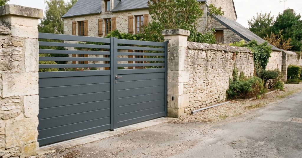 Portail coulissant aluminium neuf devant une façade de pierre claire à Saumur, refoulement libre le long de la clôture
