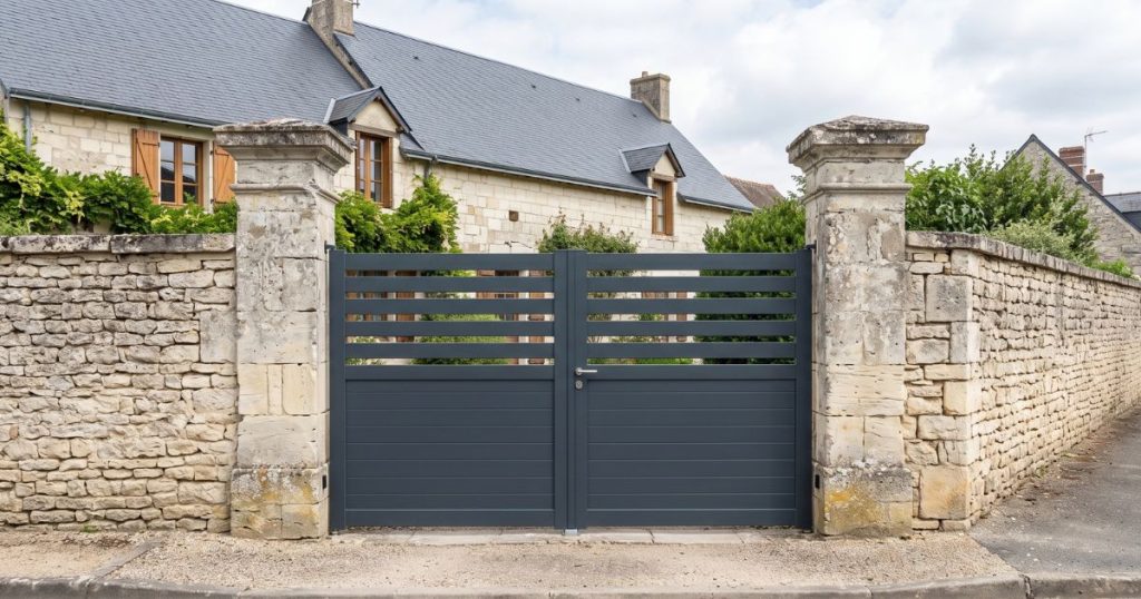 Portail aluminium neuf posé entre deux piliers de tuffeau sur une entrée de Saumur