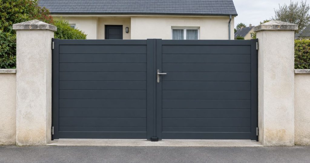 Portail aluminium neuf posé sur les piliers d’origine conservés à Thorigné-Fouillard