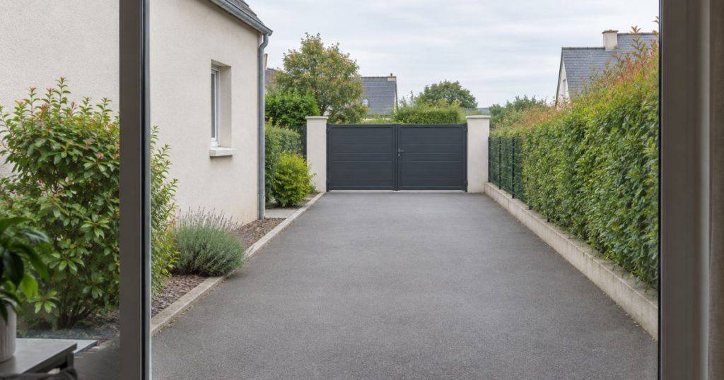 Vue sur l’allée et le portail fermé depuis l’intérieur de la maison