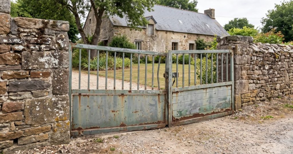 Ancien portail encore en place à Vaiges, scellé directement dans un muret de grès et de schiste, vantail affaissé avant dépose