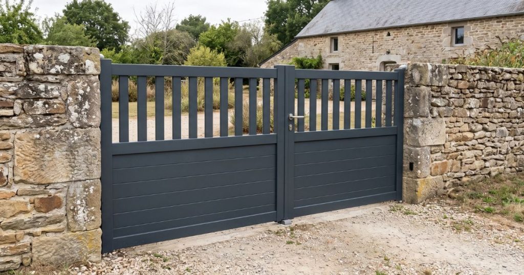 Portail aluminium neuf à Vaiges scellé dans un muret de pierre ancien, avec la motorisation déjà en place
