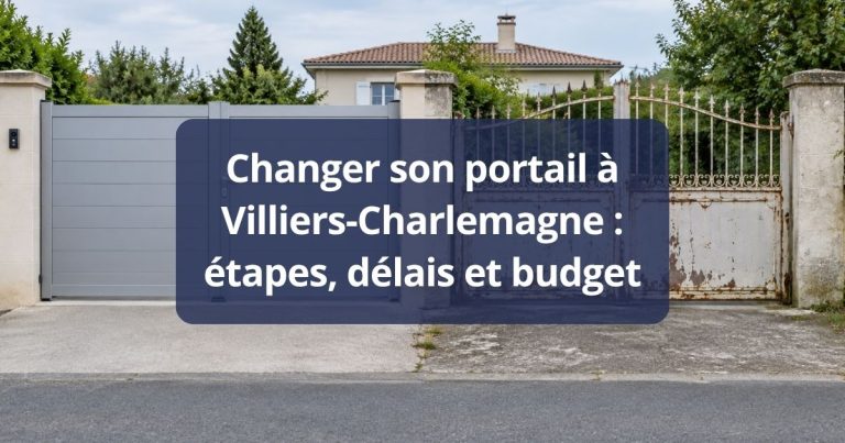 Ancien portail au laquage écaillé et au vantail affaissé, avant remplacement, à Villiers-Charlemagne