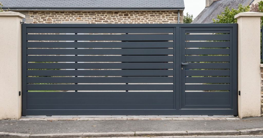 Portail coulissant aluminium avec portillon intégré au tablier, vu de face depuis la rue