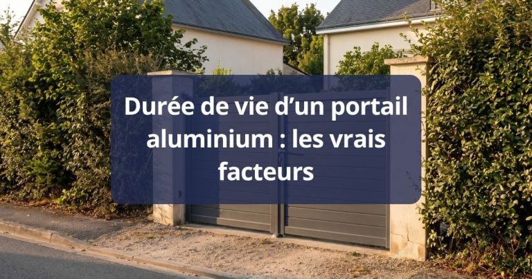 Portail aluminium en place depuis des années, laquage encore net sous une lumière rasante