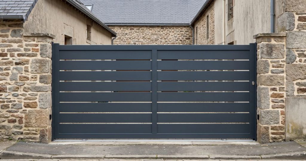 Entrée étroite de maison de bourg fermée par un portail coulissant aluminium Kalio Menuiserie occupant toute la largeur disponible