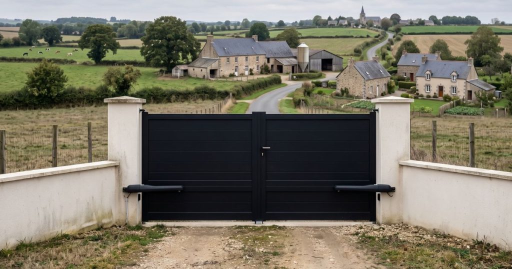 Entrée de parcelle isolée en rase campagne fermée par un portail aluminium Kalio Menuiserie, sans bâtiment alentour