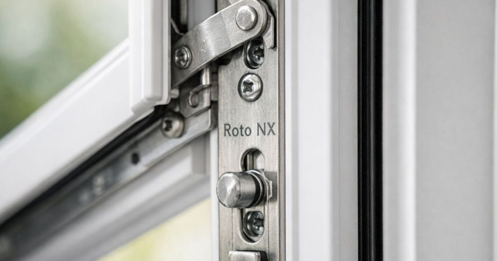 Ferrure oscillo-battante Roto NX sur ouvrant de fenêtre posée par Kalio Menuiserie