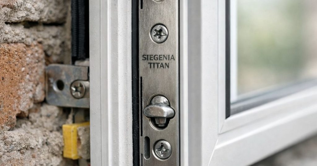 Ferrure Siegenia TITAN intégrée à une fenêtre Wibaie posée par Kalio Menuiserie