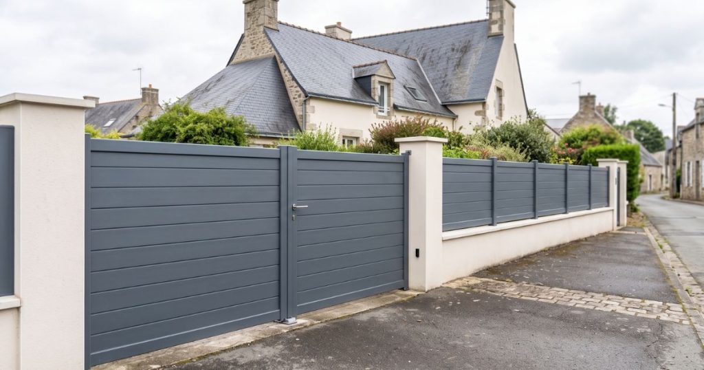 Portail aluminium de grande hauteur, aligné sur la clôture de part et d’autre de l’entrée