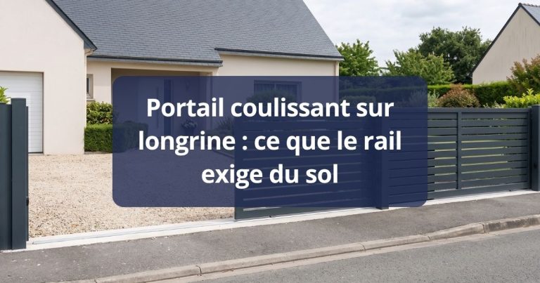 Portail coulissant aluminium ouvert, rail scellé en ligne droite dans sa longrine